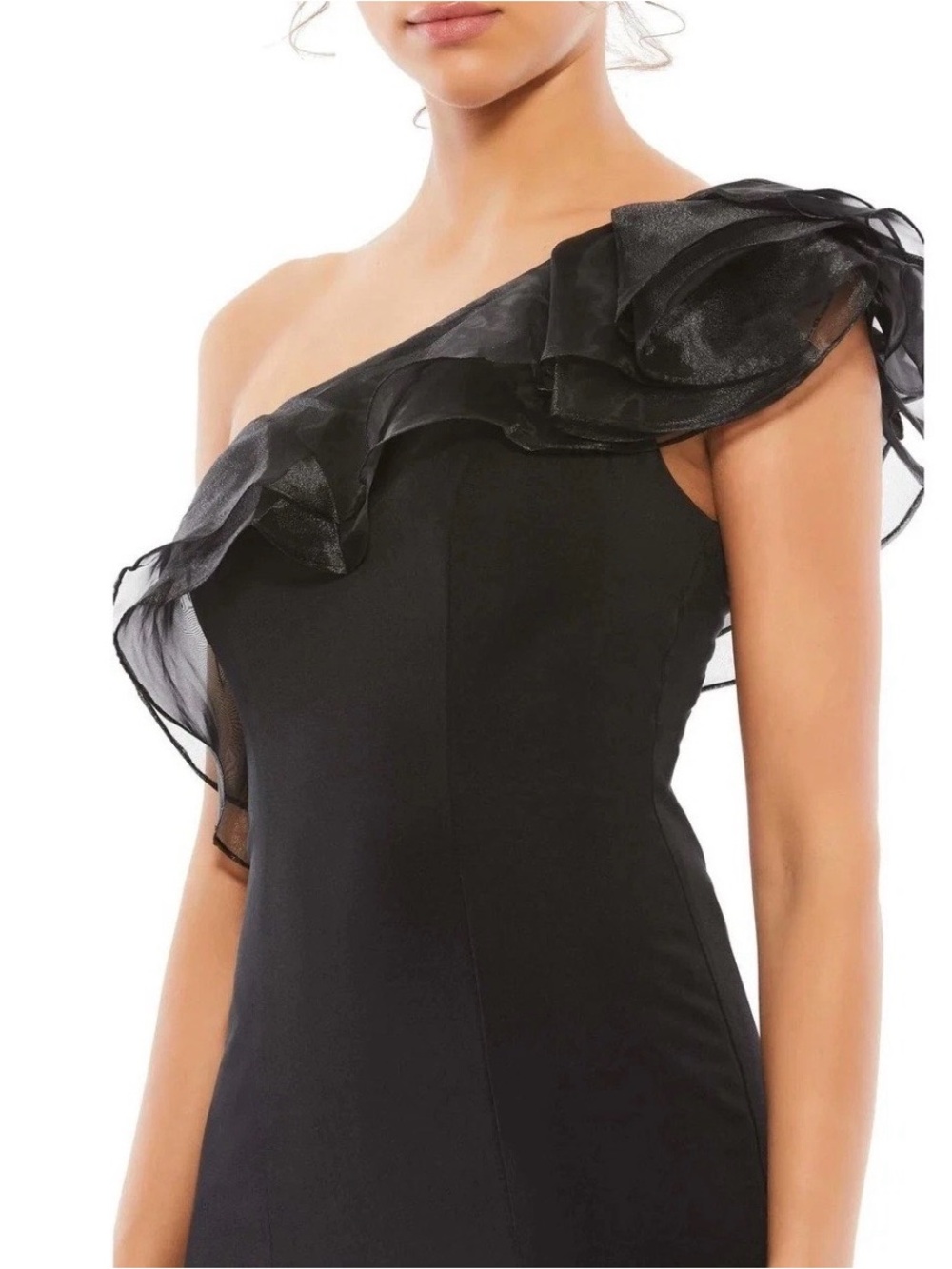 IEENA Mac Duggal Black One Shoulder Ruffle Organza Gown Dress 26372 Size 2 NEW - Picture 2 of 6